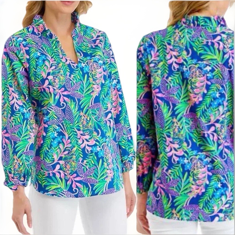 Lilly Pulitzer Sherida Top Size S Borealis Blue How Do You Like Me Prowl Tiger
